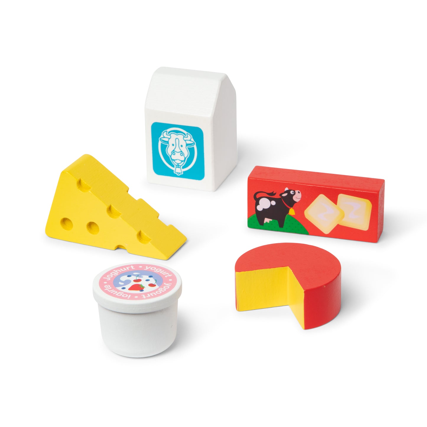 Grupo de comida lácteos 5 piezas de madera