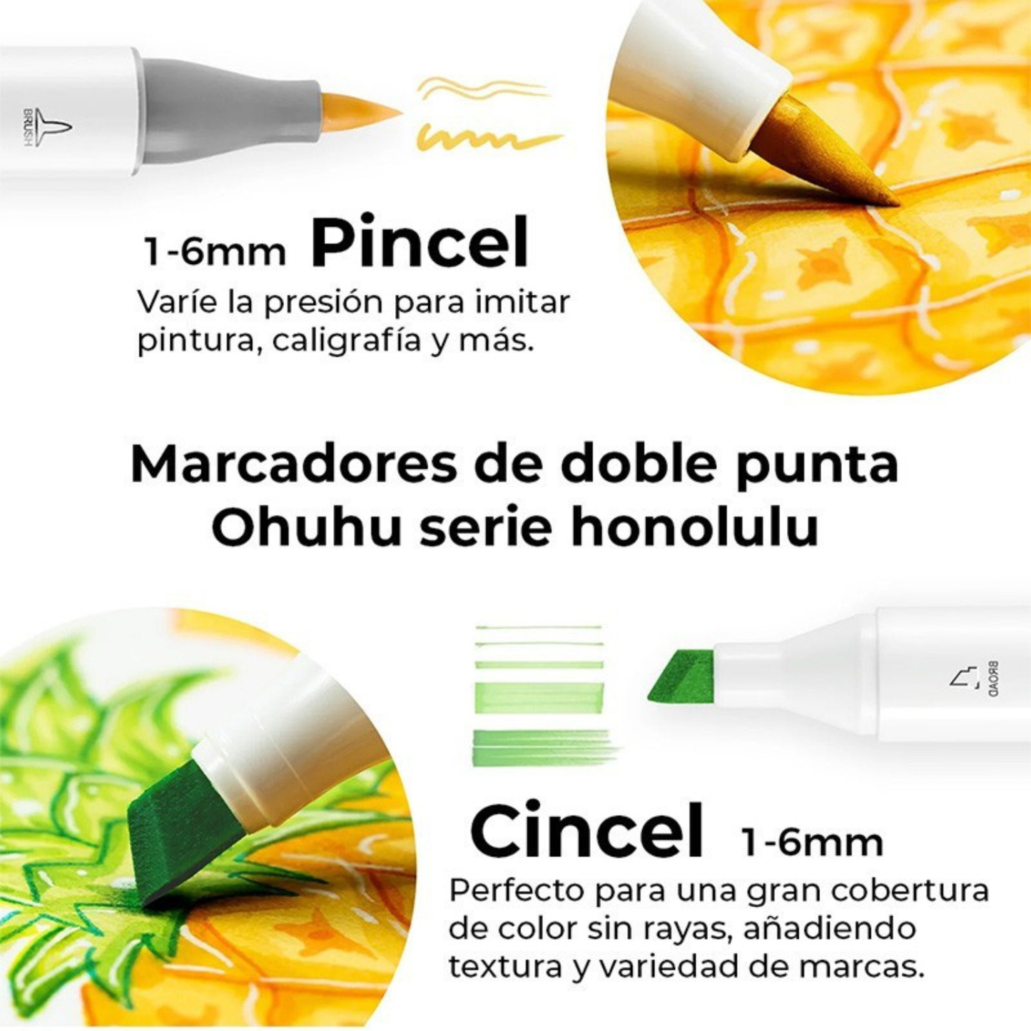 Ohuhu Honolulu: Set de 6 marcadores de alcohol doble punta tonos piel (Punta pincel + biselada)