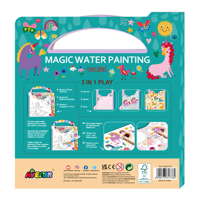 Libro de actividades para pintar con agua y stickers modelo unicornios