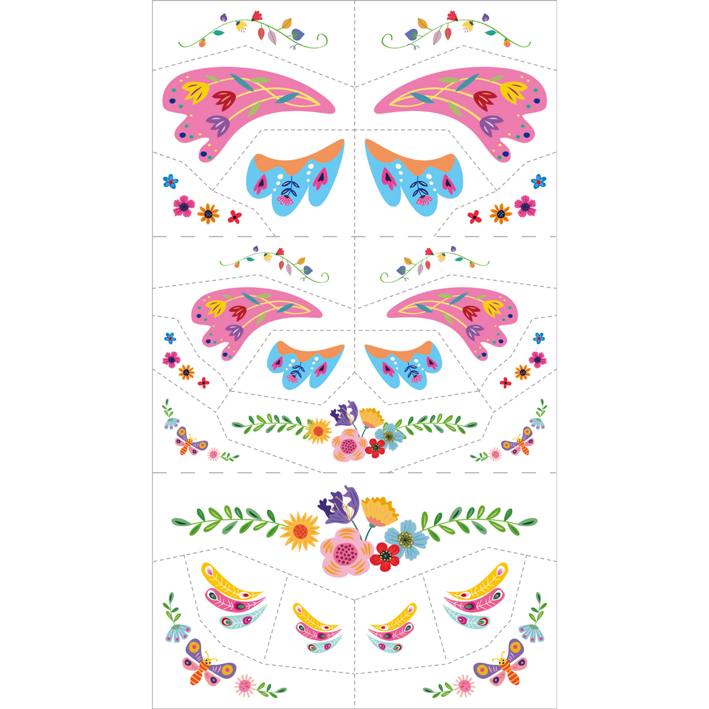 Set de stickers faciales y tatuajes temporales modelo jardín de fantasía 137 piezas