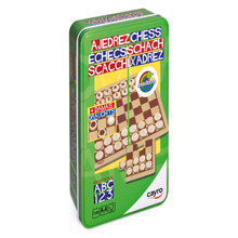 Ajedrez de madera en caja de metal Travel Size