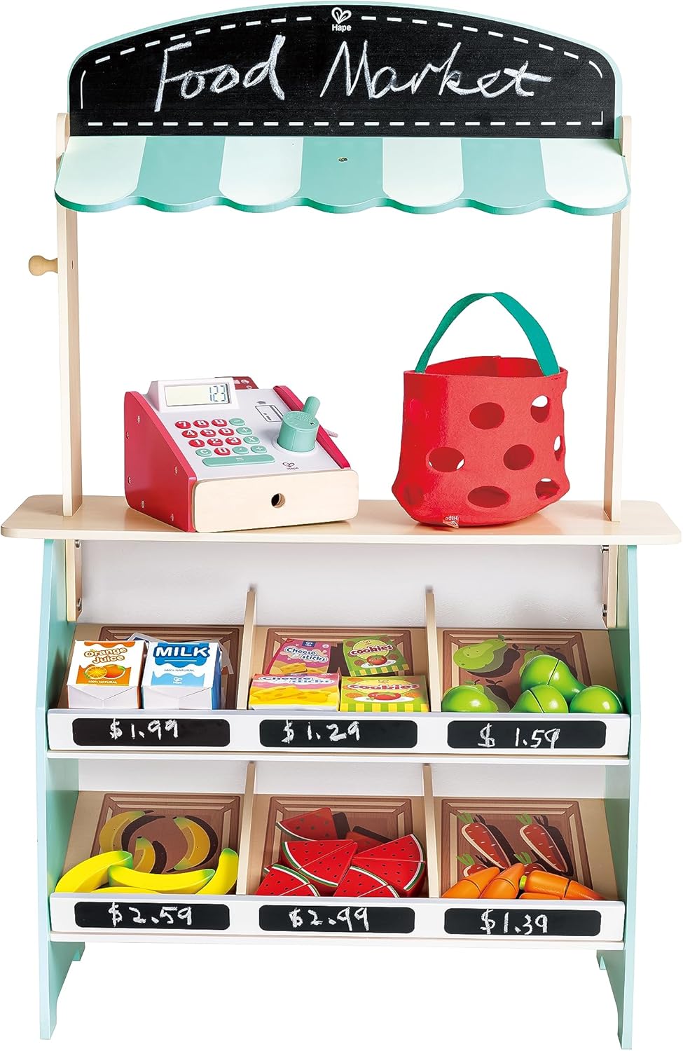 Tienda de mercado de madera frutas y verduras 62 piezas Play Essentials