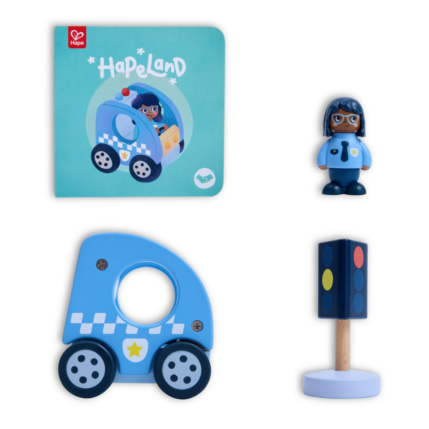 Hapeland set auto y policía de madera + cuento