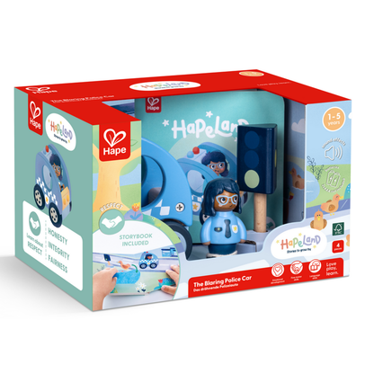 Hapeland set auto y policía de madera + cuento