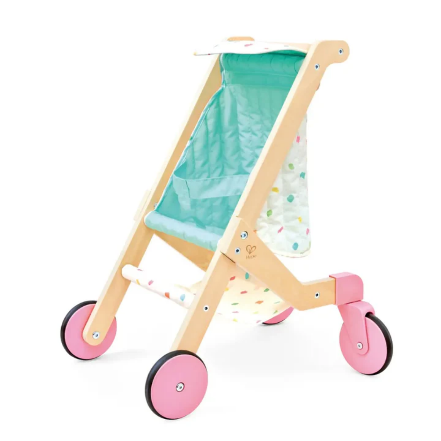Coche de madera y tela para muñecas