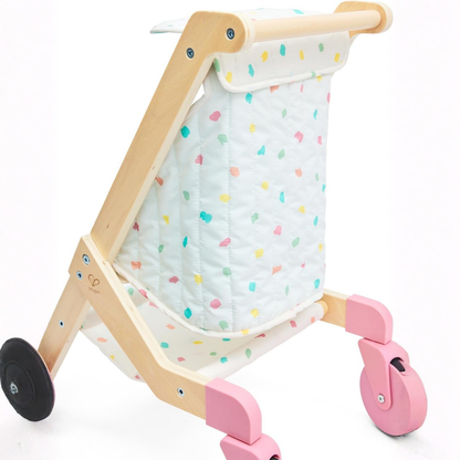 Coche de madera y tela para muñecas