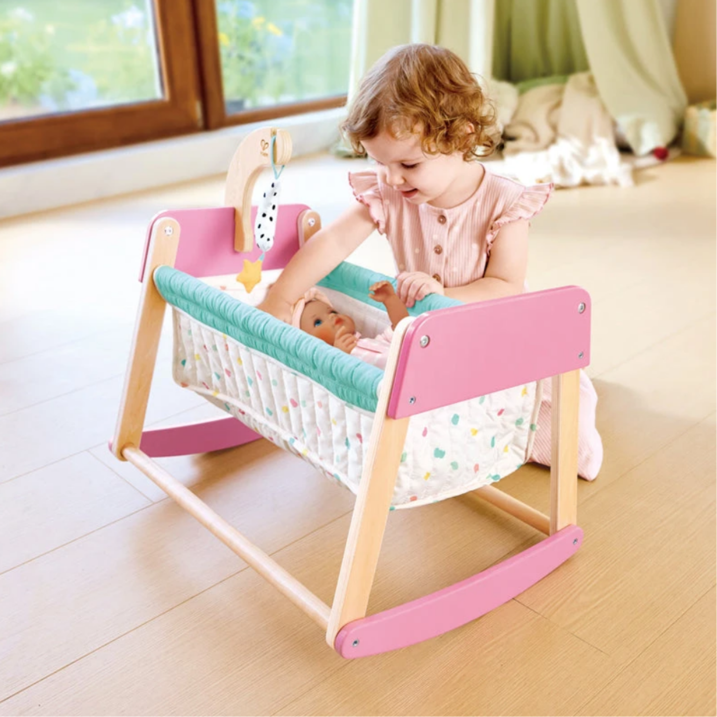 Cuna moisés de madera y tela para muñecas 04 piezas