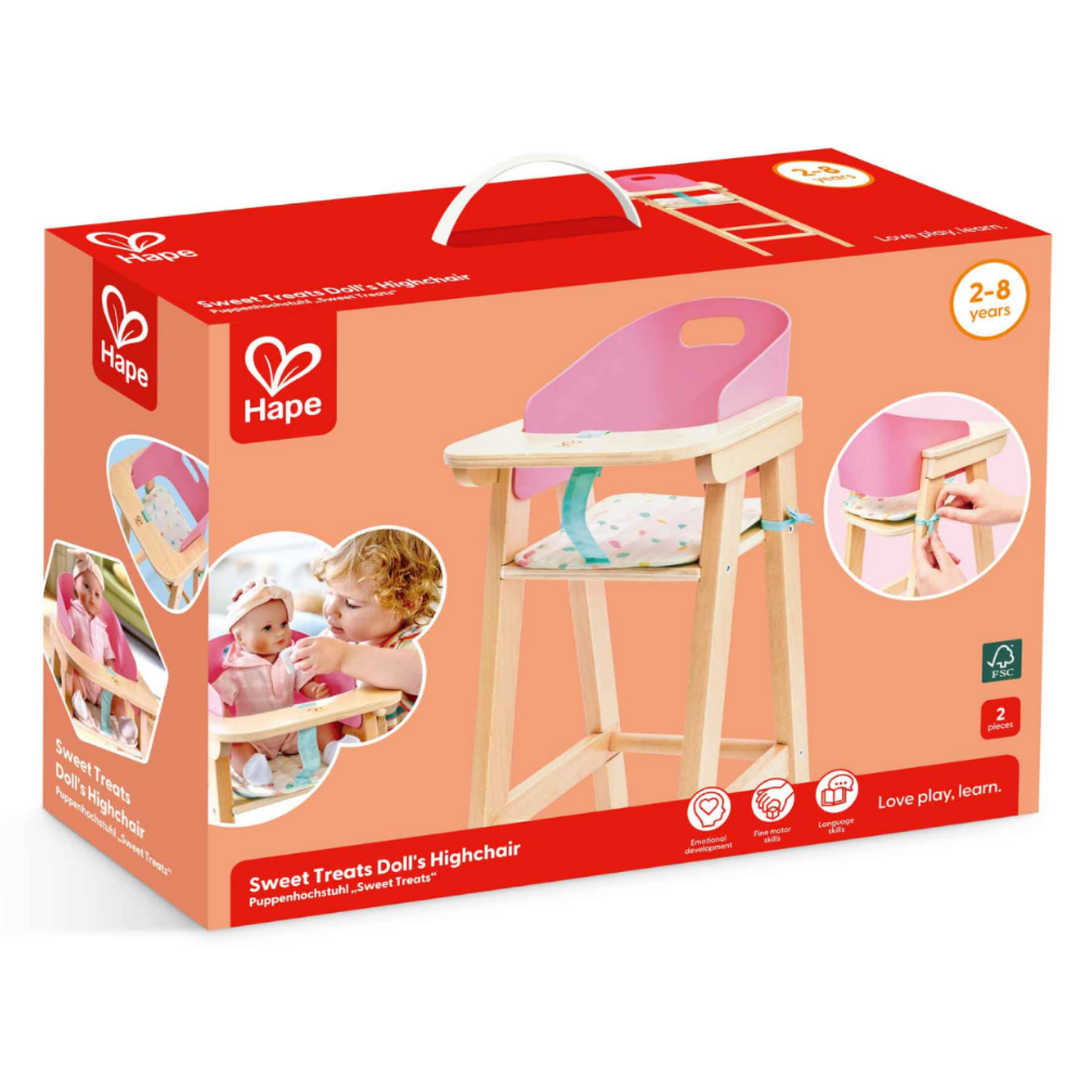 Silla de comer de madera y tela para muñecas 02 piezas