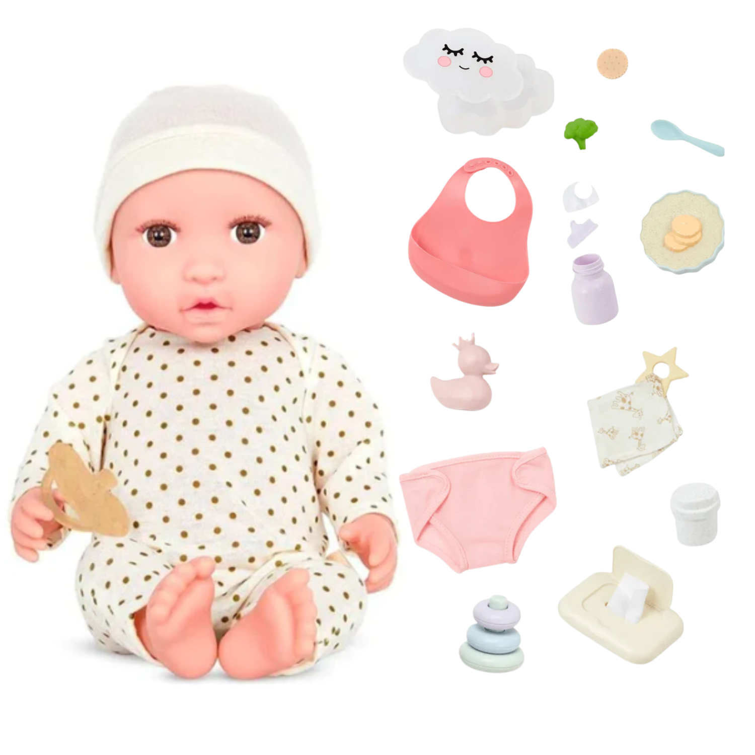 Pack Muñeco bebé + 2 accesorios para muñecos