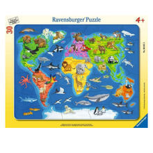 Rompecabezas 30 piezas Animales bebés en el mapamundi de Ravensburger
