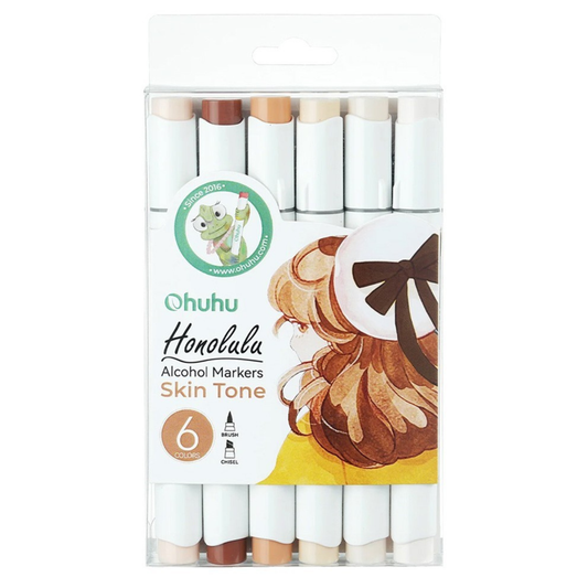 Ohuhu Honolulu: Set de 6 marcadores de alcohol doble punta tonos piel (Punta pincel + biselada)