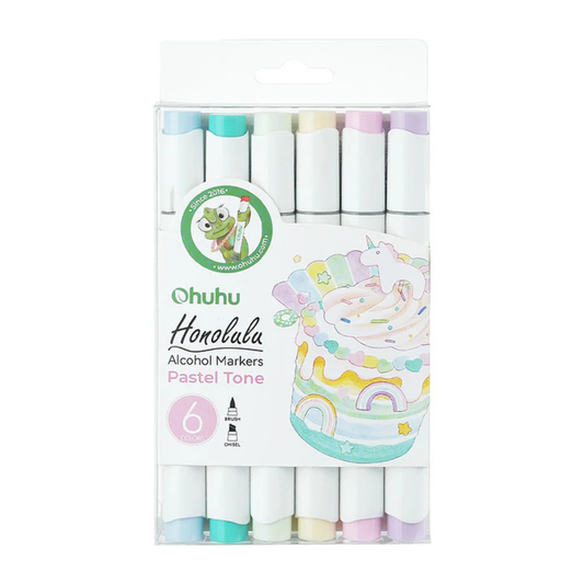 Ohuhu Honolulu: Set de 6 marcadores de alcohol doble punta tonos pastel (Punta pincel + biselada)