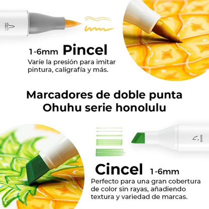 Ohuhu Honolulu: Set de 6 marcadores de alcohol doble punta tonos pastel (Punta pincel + biselada)