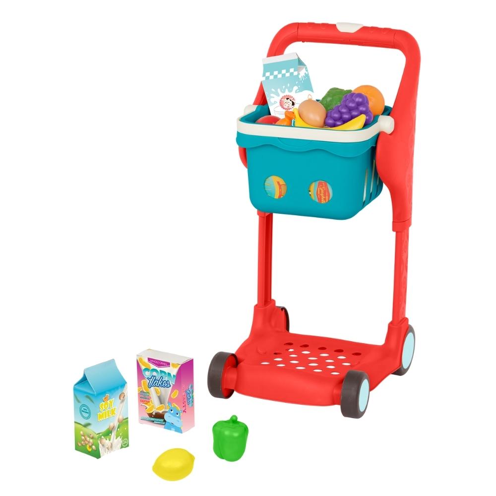 Carrito de compras para niños, carrito de compras de juguete con cesta y  juego de alimentos de 24 piezas, carrito de compras pequeño, carrito de